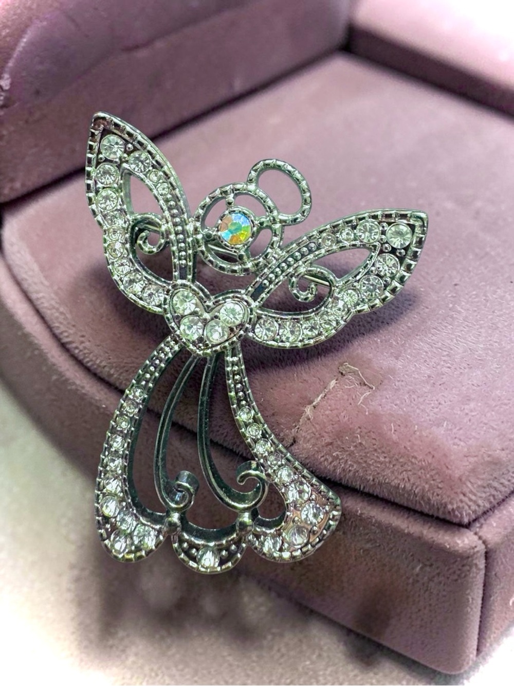 Large Vintage Silver Crystal Angel Brooch - Sparkling Clear Rhinestone
